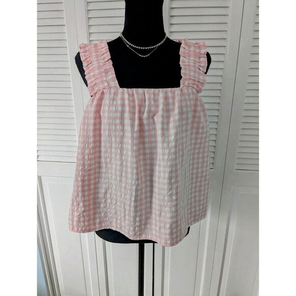 AQUA Ruched Sleeveless Top Women's M Pink White Check Ruffle Shoulder Whimsical - Picture 1 of 13